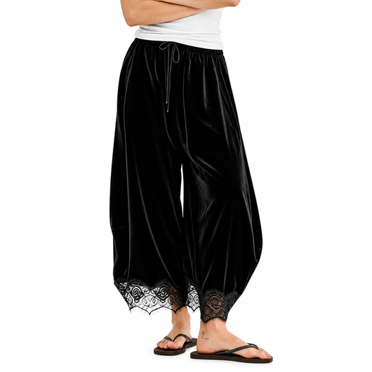 Velvet Pants with Lace Trim