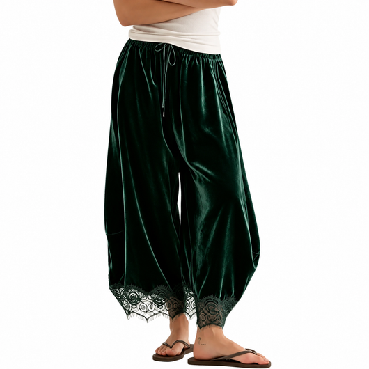 Velvet Pants with Lace Trim