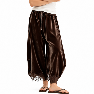 Velvet Pants with Lace Trim