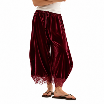Velvet Pants with Lace Trim