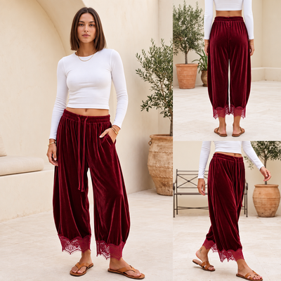 Velvet Pants with Lace Trim