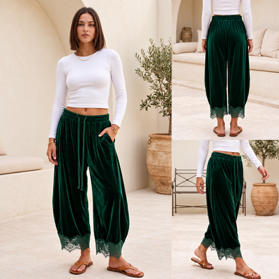 Velvet Pants with Lace Trim