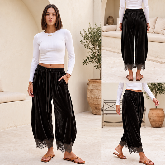 Velvet Pants with Lace Trim