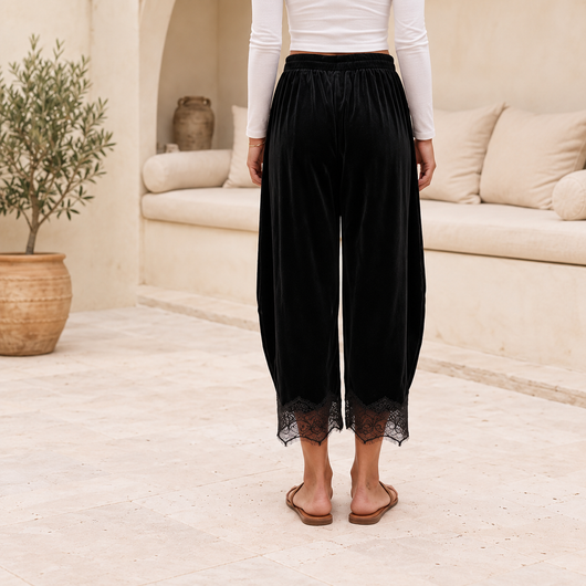 Velvet Pants with Lace Trim