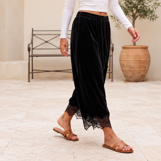Velvet Pants with Lace Trim