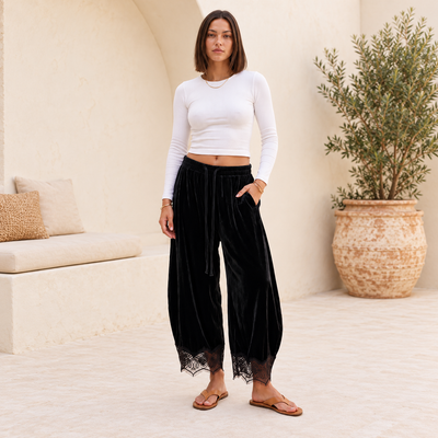 Velvet Pants with Lace Trim