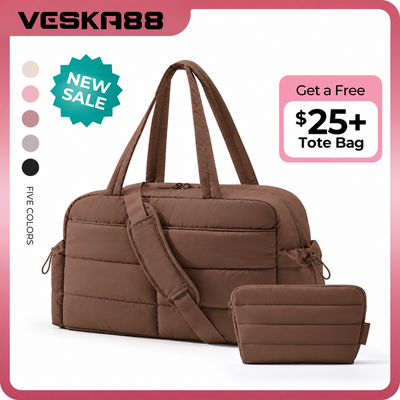 2-Piece Travel Puffer Duffle Bag – Carry-On Weekender + FREE Mini Tote