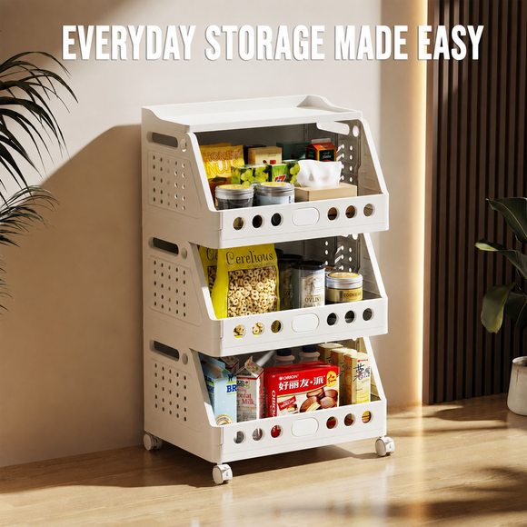 Rolling storage cart in a home setting