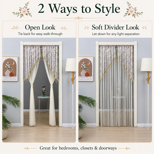 Elegant Sheer Floral Doorway Curtain with Tassel Trim