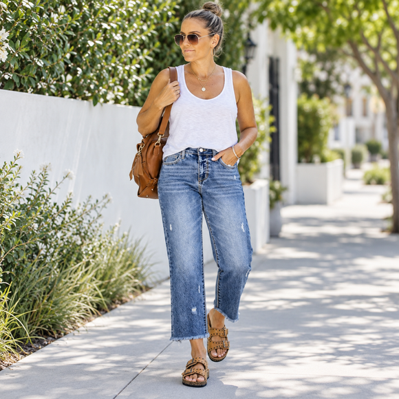 Women wearing vintage loose denim jeans