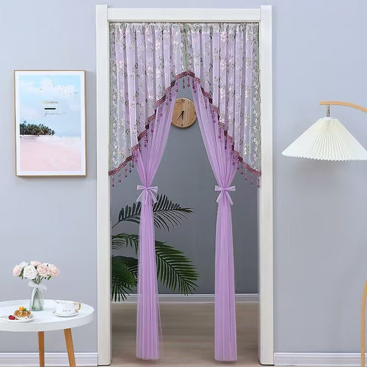 Elegant Sheer Floral Doorway Curtain with Tassel Trim