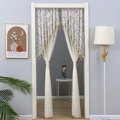 Embroidered Nordic Beaded Sheer Curtain with Gold Thread and Half-Arched Lace Drill-free Door Curtain