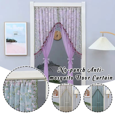 Embroidered Nordic Beaded Sheer Curtain with Gold Thread and Half-Arched Lace Drill-free Door Curtain