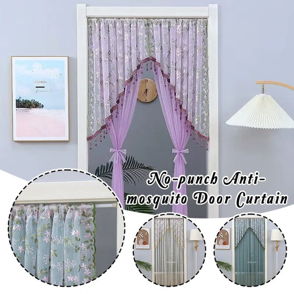 Embroidered Nordic Beaded Sheer Curtain with Gold Thread and Half-Arched Lace Drill-free Door Curtain