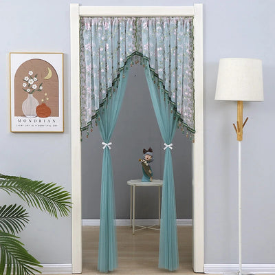 Embroidered Nordic Beaded Sheer Curtain with Gold Thread and Half-Arched Lace Drill-free Door Curtain