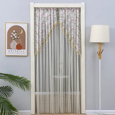 Embroidered Nordic Beaded Sheer Curtain with Gold Thread and Half-Arched Lace Drill-free Door Curtain
