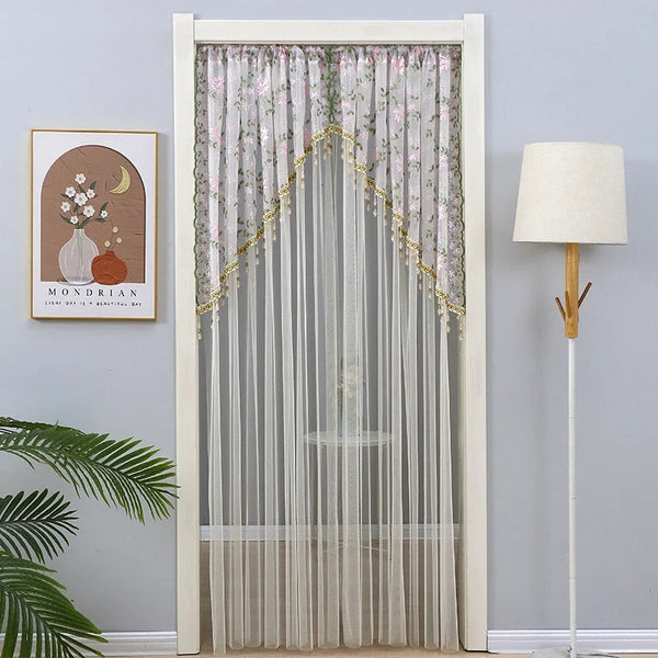Embroidered Nordic Beaded Sheer Curtain with Gold Thread and Half-Arched Lace Drill-free Door Curtain