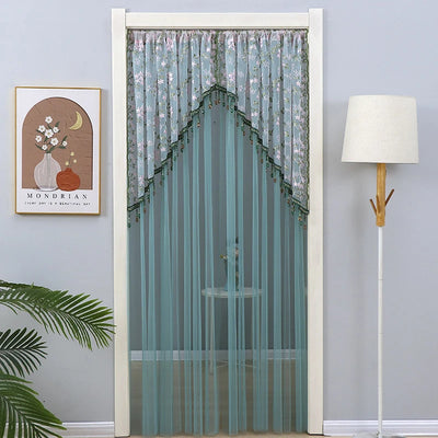 Embroidered Nordic Beaded Sheer Curtain with Gold Thread and Half-Arched Lace Drill-free Door Curtain