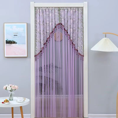 Embroidered Nordic Beaded Sheer Curtain with Gold Thread and Half-Arched Lace Drill-free Door Curtain