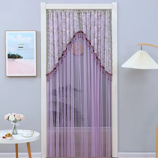 Embroidered Nordic Beaded Sheer Curtain with Gold Thread and Half-Arched Lace Drill-free Door Curtain
