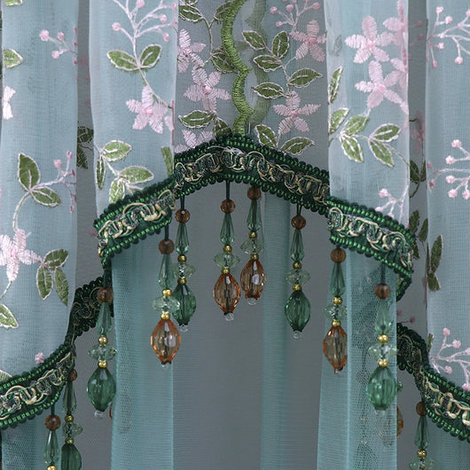 Embroidered Nordic Beaded Sheer Curtain with Gold Thread and Half-Arched Lace Drill-free Door Curtain